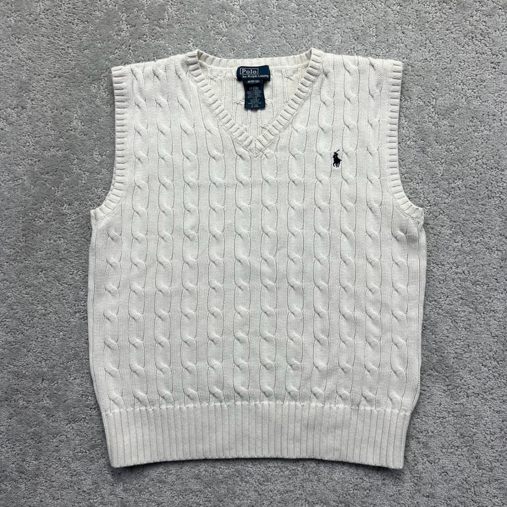 Polo Ralph Lauren Sweater Vest Boys Medium 10-12 Cream Cable Knit Cotton Preppy
